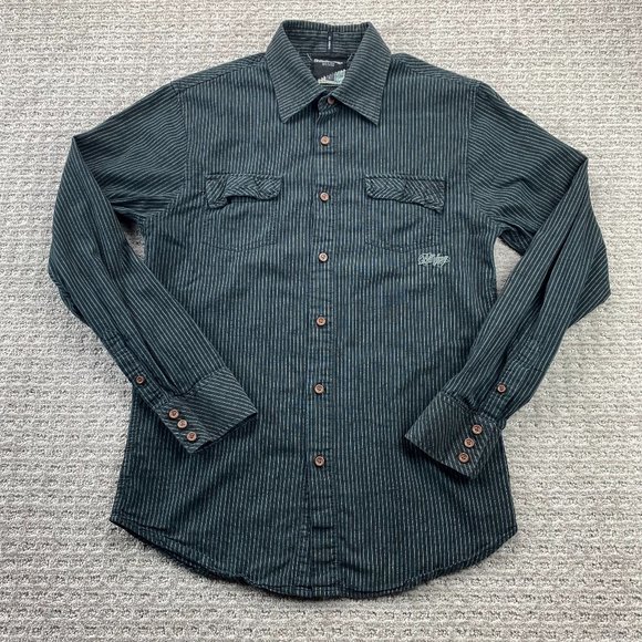 Billabong Shirt Men Large Black White Stripes Button Up Long Sleeve Embroidered - Picture 1 of 13